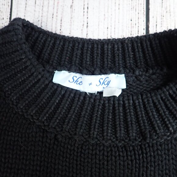 She + Sky Women's Size S/M Oversized Black Knit Sweater Boxy 100% Cotton - Picture 3 of 8